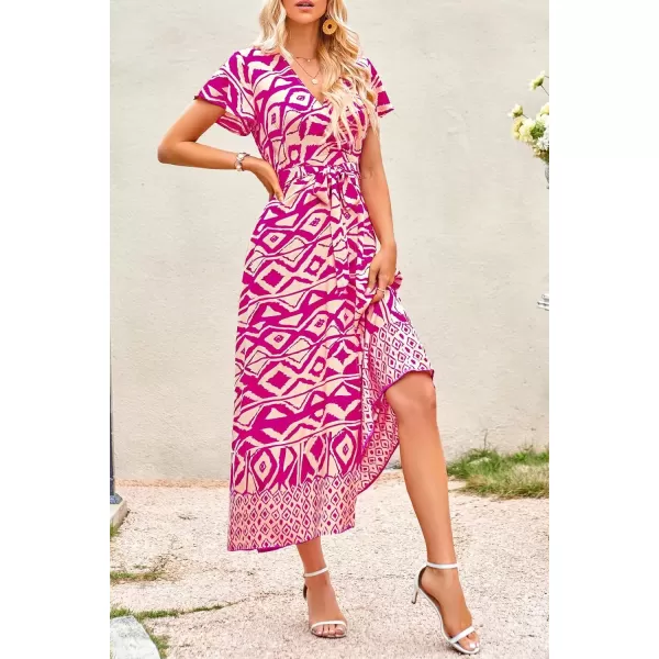 imagePRETTYGARDEN Women Boho Summer Side Split Deep V Neck Short Sleeves Maxi Dress with BeltPrint Rose Red