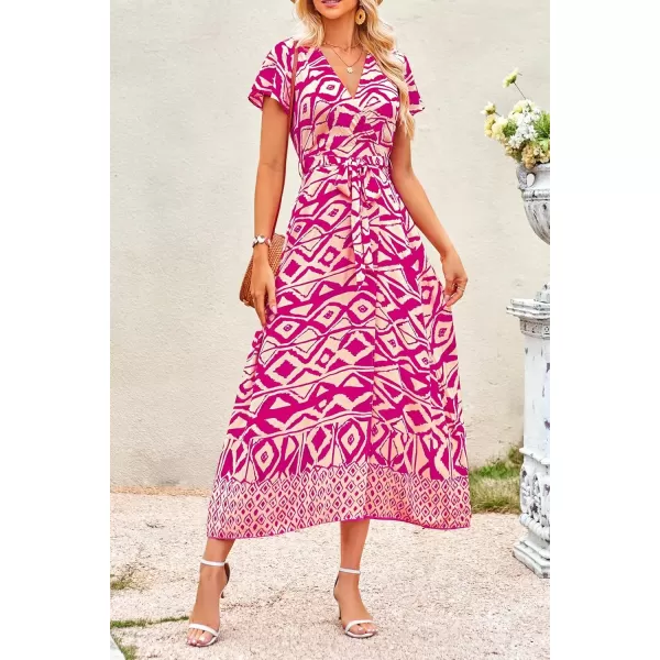 imagePRETTYGARDEN Women Boho Summer Side Split Deep V Neck Short Sleeves Maxi Dress with BeltPrint Rose Red