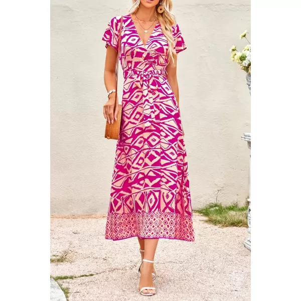 imagePRETTYGARDEN Women Boho Summer Side Split Deep V Neck Short Sleeves Maxi Dress with BeltPrint Rose Red