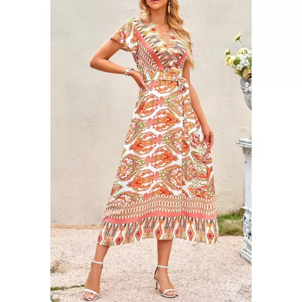 imagePRETTYGARDEN Women Boho Summer Side Split Deep V Neck Short Sleeves Maxi Dress with BeltPrint Yellow