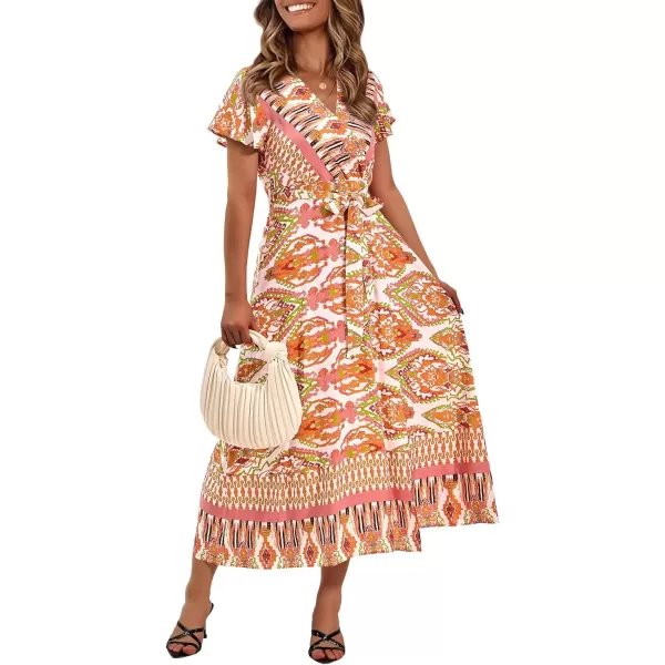imagePRETTYGARDEN Women Boho Summer Side Split Deep V Neck Short Sleeves Maxi Dress with BeltPrint Yellow