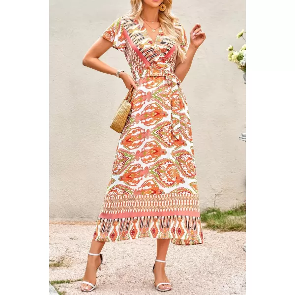 imagePRETTYGARDEN Women Boho Summer Side Split Deep V Neck Short Sleeves Maxi Dress with BeltPrint Yellow