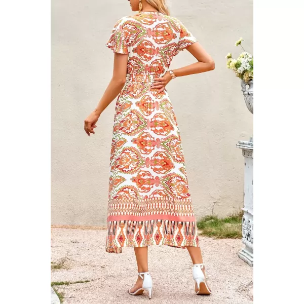 imagePRETTYGARDEN Women Boho Summer Side Split Deep V Neck Short Sleeves Maxi Dress with BeltPrint Yellow