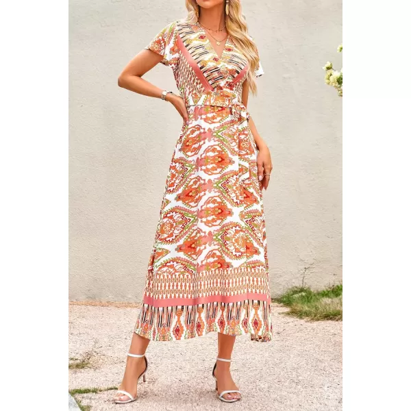 imagePRETTYGARDEN Women Boho Summer Side Split Deep V Neck Short Sleeves Maxi Dress with BeltPrint Yellow