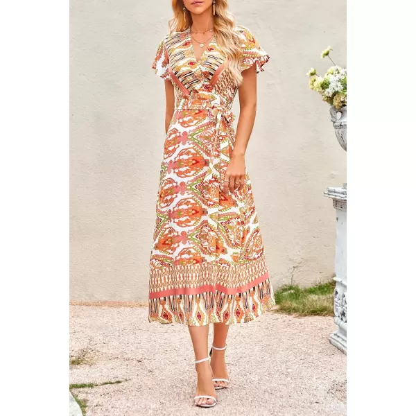 imagePRETTYGARDEN Women Boho Summer Side Split Deep V Neck Short Sleeves Maxi Dress with BeltPrint Yellow