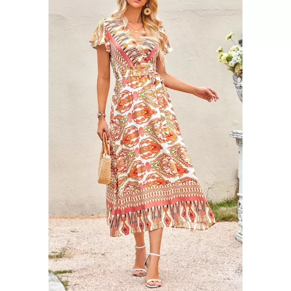 imagePRETTYGARDEN Women Boho Summer Side Split Deep V Neck Short Sleeves Maxi Dress with BeltPrint Yellow