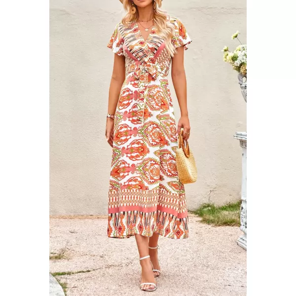 imagePRETTYGARDEN Women Boho Summer Side Split Deep V Neck Short Sleeves Maxi Dress with BeltPrint Yellow
