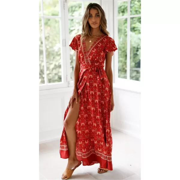 imagePRETTYGARDEN Women Boho Summer Side Split Deep V Neck Short Sleeves Maxi Dress with BeltRed 1