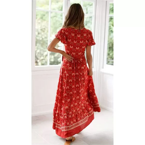 imagePRETTYGARDEN Women Boho Summer Side Split Deep V Neck Short Sleeves Maxi Dress with BeltRed 1