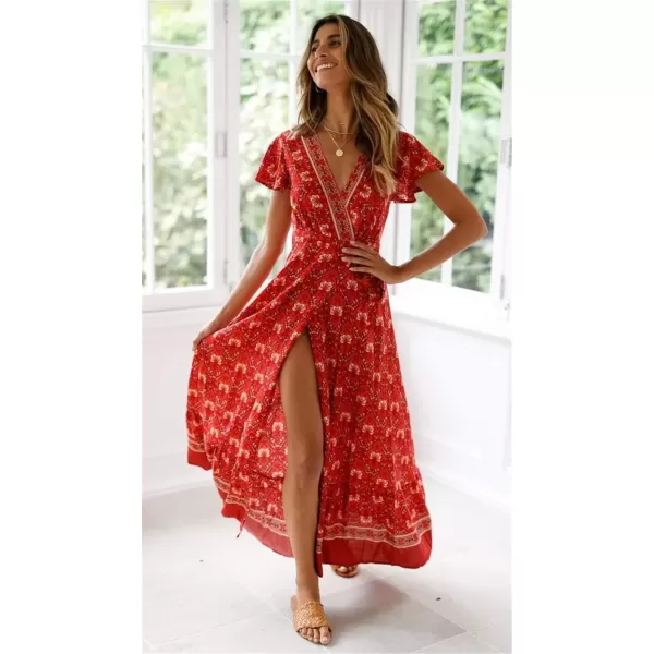 imagePRETTYGARDEN Women Boho Summer Side Split Deep V Neck Short Sleeves Maxi Dress with BeltRed 1