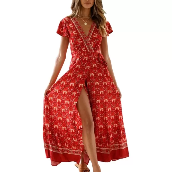 imagePRETTYGARDEN Women Boho Summer Side Split Deep V Neck Short Sleeves Maxi Dress with BeltRed 1