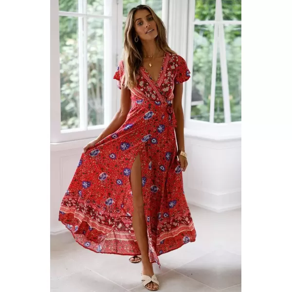 imagePRETTYGARDEN Women Boho Summer Side Split Deep V Neck Short Sleeves Maxi Dress with BeltRed
