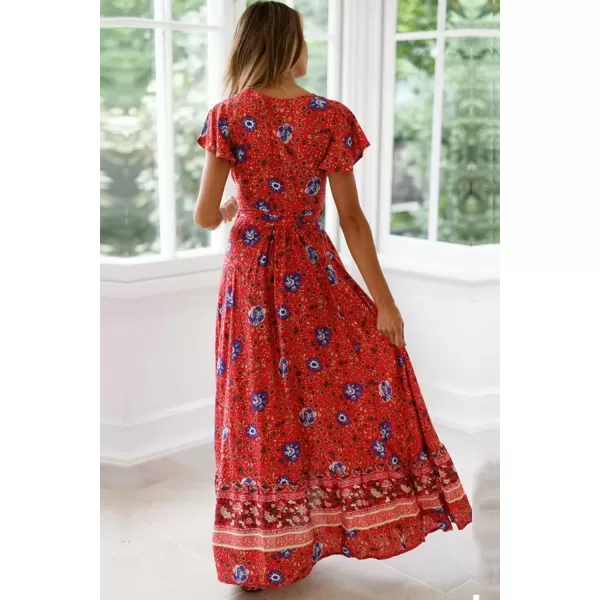 imagePRETTYGARDEN Women Boho Summer Side Split Deep V Neck Short Sleeves Maxi Dress with BeltRed