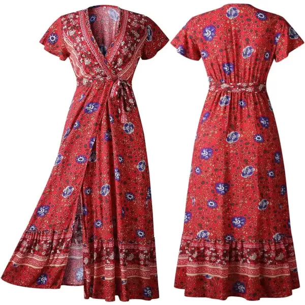 imagePRETTYGARDEN Women Boho Summer Side Split Deep V Neck Short Sleeves Maxi Dress with BeltRed