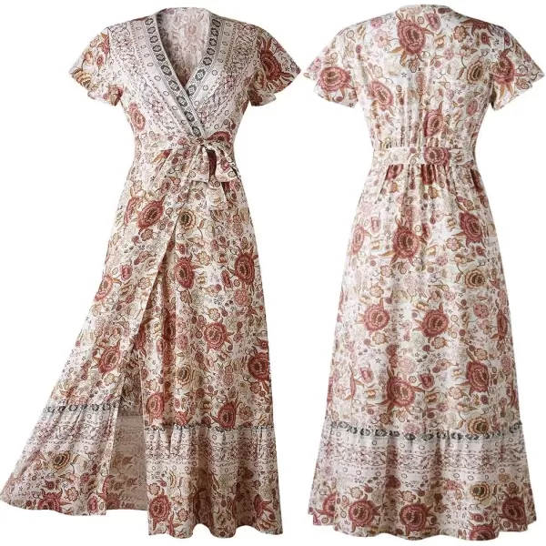 imagePRETTYGARDEN Women Boho Summer Side Split Deep V Neck Short Sleeves Maxi Dress with BeltWhite