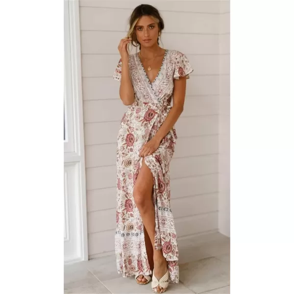 imagePRETTYGARDEN Women Boho Summer Side Split Deep V Neck Short Sleeves Maxi Dress with BeltWhite
