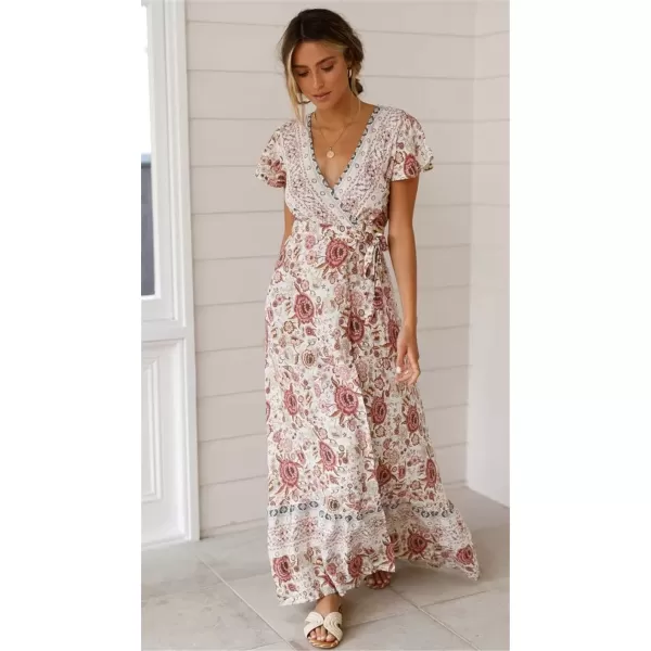imagePRETTYGARDEN Women Boho Summer Side Split Deep V Neck Short Sleeves Maxi Dress with BeltWhite