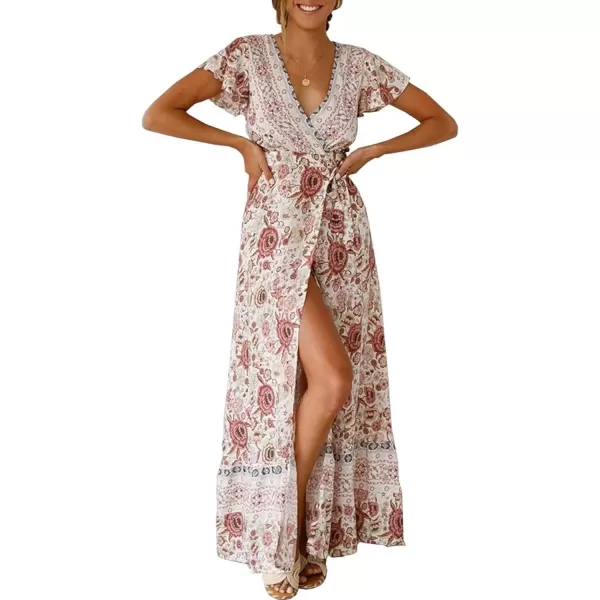 imagePRETTYGARDEN Women Boho Summer Side Split Deep V Neck Short Sleeves Maxi Dress with BeltWhite