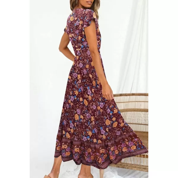 imagePRETTYGARDEN Women Boho Summer Side Split Deep V Neck Short Sleeves Maxi Dress with BeltWine Red