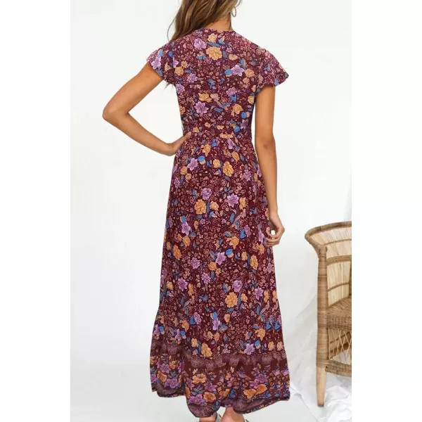 imagePRETTYGARDEN Women Boho Summer Side Split Deep V Neck Short Sleeves Maxi Dress with BeltWine Red