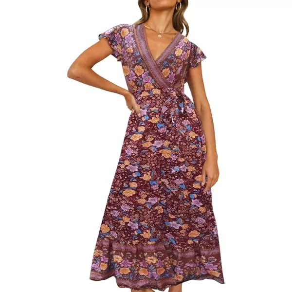 imagePRETTYGARDEN Women Boho Summer Side Split Deep V Neck Short Sleeves Maxi Dress with BeltWine Red