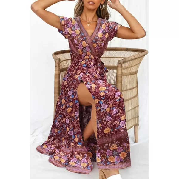 imagePRETTYGARDEN Women Boho Summer Side Split Deep V Neck Short Sleeves Maxi Dress with BeltWine Red