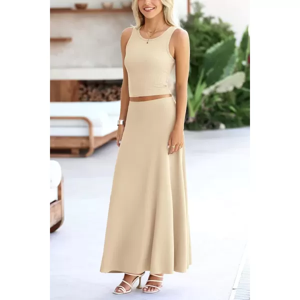 imagePRETTYGARDEN Womens 2 Piece Maxi Skirt Sets Casual Summer Knit Cropped Tank Top High Waisted Long Skirts OutfitBeige