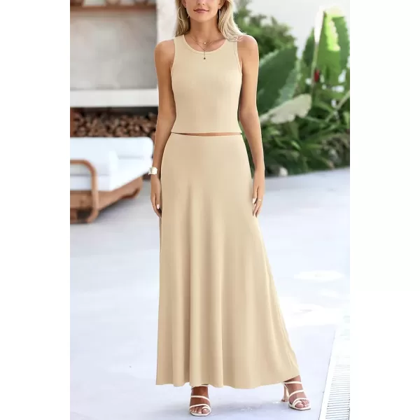 imagePRETTYGARDEN Womens 2 Piece Maxi Skirt Sets Casual Summer Knit Cropped Tank Top High Waisted Long Skirts OutfitBeige
