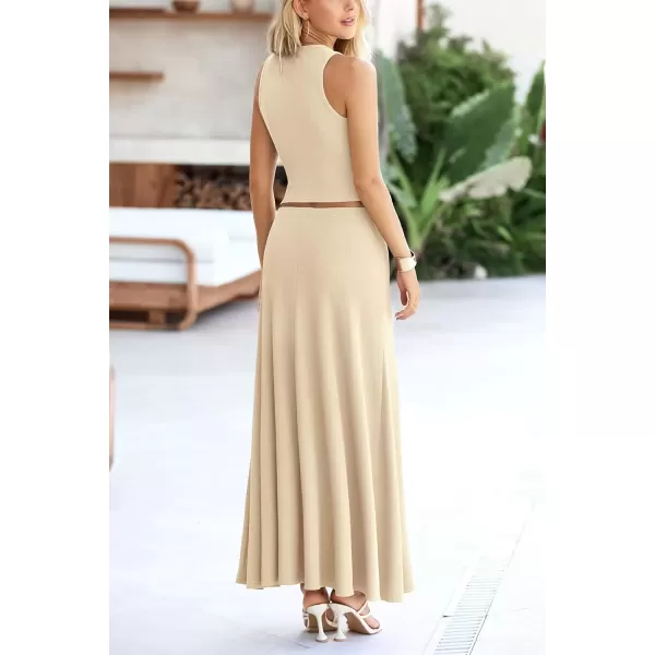 imagePRETTYGARDEN Womens 2 Piece Maxi Skirt Sets Casual Summer Knit Cropped Tank Top High Waisted Long Skirts OutfitBeige