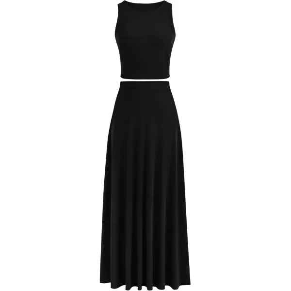 imagePRETTYGARDEN Womens 2 Piece Maxi Skirt Sets Casual Summer Knit Cropped Tank Top High Waisted Long Skirts OutfitBlack