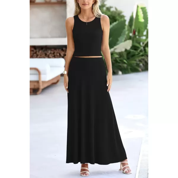 imagePRETTYGARDEN Womens 2 Piece Maxi Skirt Sets Casual Summer Knit Cropped Tank Top High Waisted Long Skirts OutfitBlack
