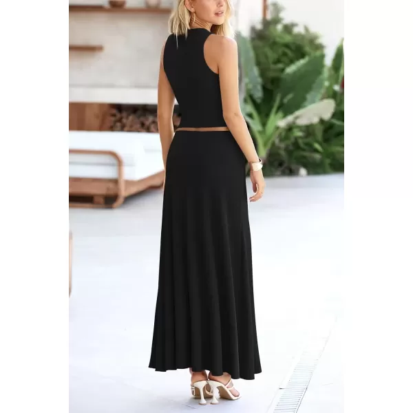 imagePRETTYGARDEN Womens 2 Piece Maxi Skirt Sets Casual Summer Knit Cropped Tank Top High Waisted Long Skirts OutfitBlack