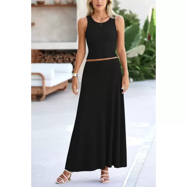 imagePRETTYGARDEN Womens 2 Piece Maxi Skirt Sets Casual Summer Knit Cropped Tank Top High Waisted Long Skirts OutfitBlack