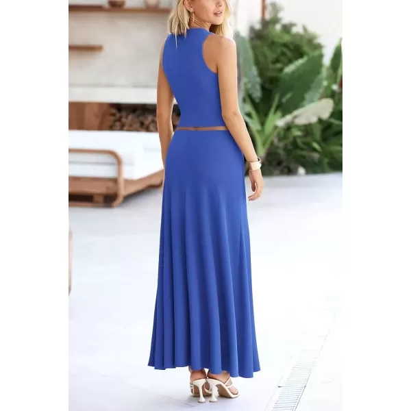 imagePRETTYGARDEN Womens 2 Piece Maxi Skirt Sets Casual Summer Knit Cropped Tank Top High Waisted Long Skirts OutfitBlue