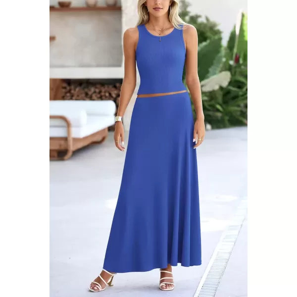 imagePRETTYGARDEN Womens 2 Piece Maxi Skirt Sets Casual Summer Knit Cropped Tank Top High Waisted Long Skirts OutfitBlue