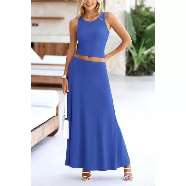 imagePRETTYGARDEN Womens 2 Piece Maxi Skirt Sets Casual Summer Knit Cropped Tank Top High Waisted Long Skirts OutfitBlue