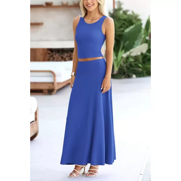 imagePRETTYGARDEN Womens 2 Piece Maxi Skirt Sets Casual Summer Knit Cropped Tank Top High Waisted Long Skirts OutfitBlue