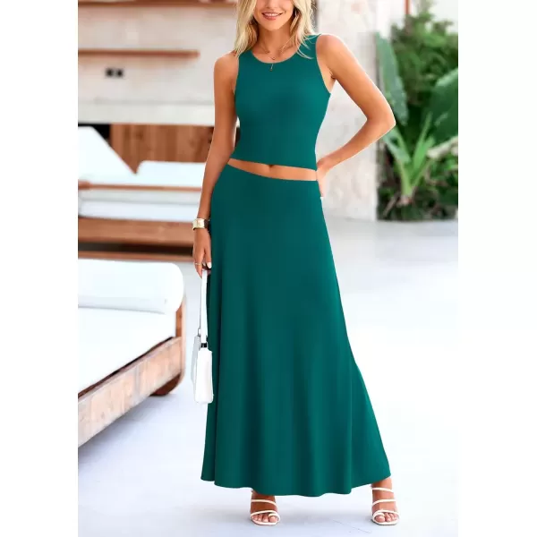 imagePRETTYGARDEN Womens 2 Piece Maxi Skirt Sets Casual Summer Knit Cropped Tank Top High Waisted Long Skirts OutfitBlue Green