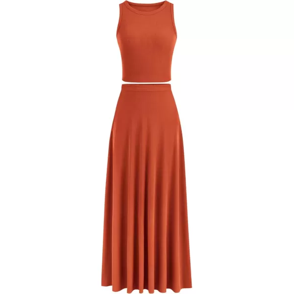 imagePRETTYGARDEN Womens 2 Piece Maxi Skirt Sets Casual Summer Knit Cropped Tank Top High Waisted Long Skirts OutfitBrick Red