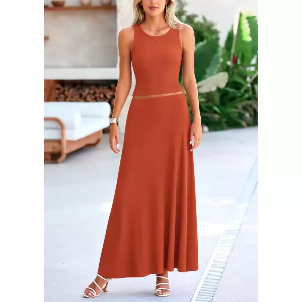 imagePRETTYGARDEN Womens 2 Piece Maxi Skirt Sets Casual Summer Knit Cropped Tank Top High Waisted Long Skirts OutfitBrick Red