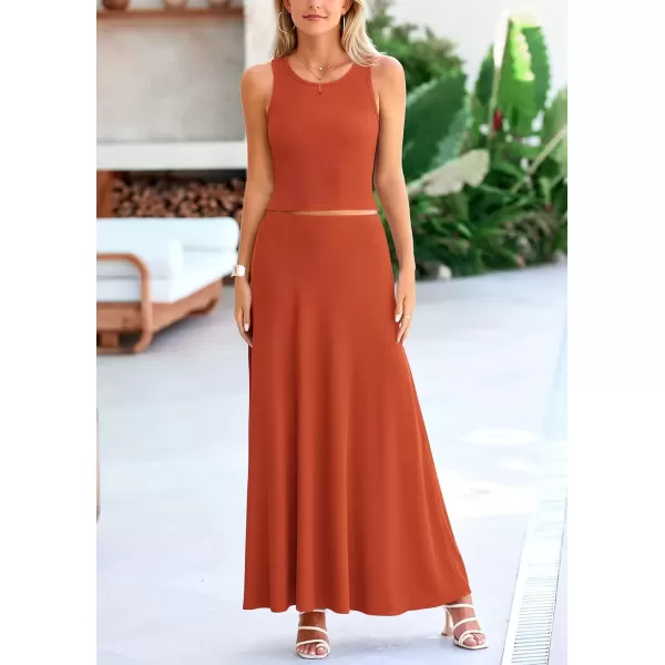 imagePRETTYGARDEN Womens 2 Piece Maxi Skirt Sets Casual Summer Knit Cropped Tank Top High Waisted Long Skirts OutfitBrick Red