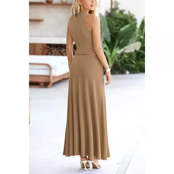 imagePRETTYGARDEN Womens 2 Piece Maxi Skirt Sets Casual Summer Knit Cropped Tank Top High Waisted Long Skirts OutfitCamel