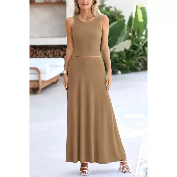 imagePRETTYGARDEN Womens 2 Piece Maxi Skirt Sets Casual Summer Knit Cropped Tank Top High Waisted Long Skirts OutfitCamel