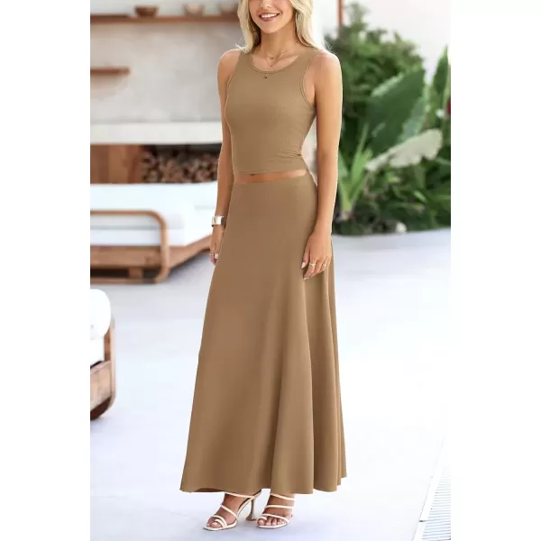imagePRETTYGARDEN Womens 2 Piece Maxi Skirt Sets Casual Summer Knit Cropped Tank Top High Waisted Long Skirts OutfitCamel