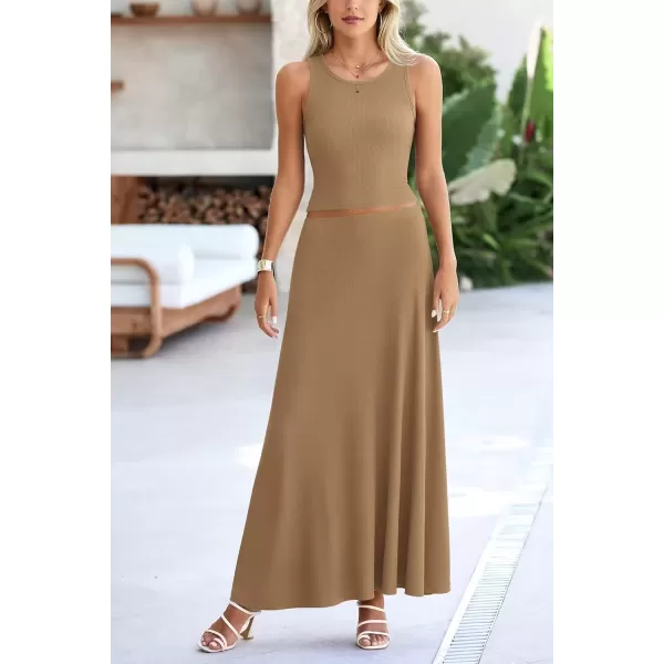 imagePRETTYGARDEN Womens 2 Piece Maxi Skirt Sets Casual Summer Knit Cropped Tank Top High Waisted Long Skirts OutfitCamel