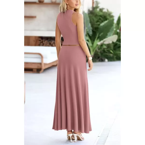 imagePRETTYGARDEN Womens 2 Piece Maxi Skirt Sets Casual Summer Knit Cropped Tank Top High Waisted Long Skirts OutfitDusty Pink