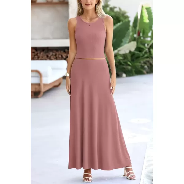 imagePRETTYGARDEN Womens 2 Piece Maxi Skirt Sets Casual Summer Knit Cropped Tank Top High Waisted Long Skirts OutfitDusty Pink