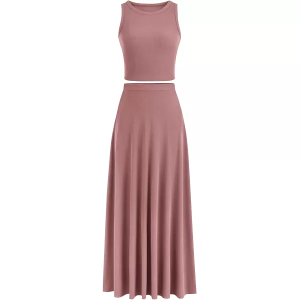 imagePRETTYGARDEN Womens 2 Piece Maxi Skirt Sets Casual Summer Knit Cropped Tank Top High Waisted Long Skirts OutfitDusty Pink