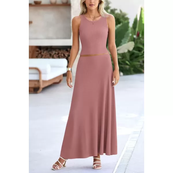 imagePRETTYGARDEN Womens 2 Piece Maxi Skirt Sets Casual Summer Knit Cropped Tank Top High Waisted Long Skirts OutfitDusty Pink