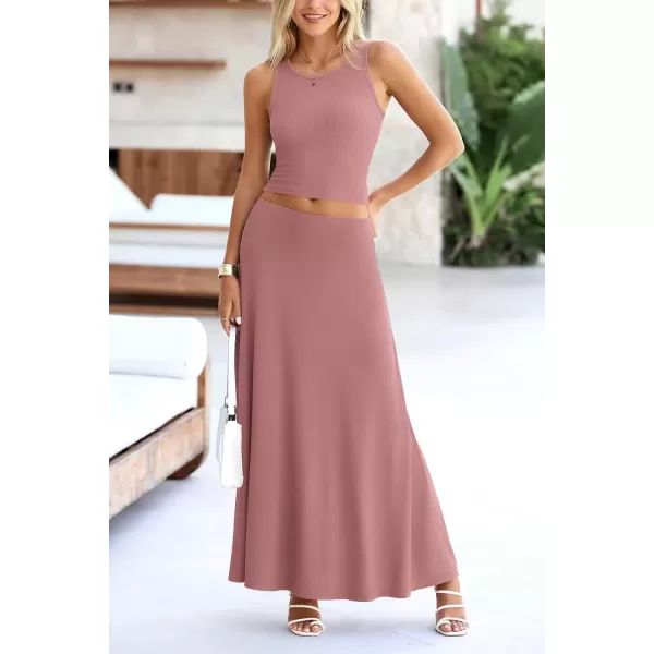 imagePRETTYGARDEN Womens 2 Piece Maxi Skirt Sets Casual Summer Knit Cropped Tank Top High Waisted Long Skirts OutfitDusty Pink